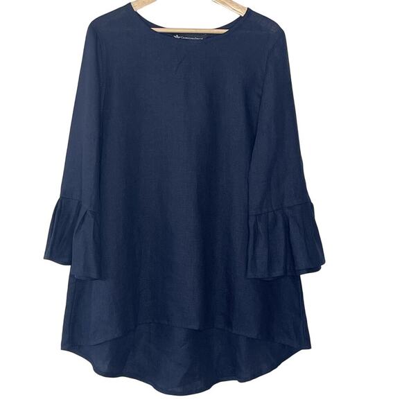 CROWN LINEN DESIGNS NAVY BELLA BELL SLEEVE TUNIC SIZE L NWT - Picture 2 of 10